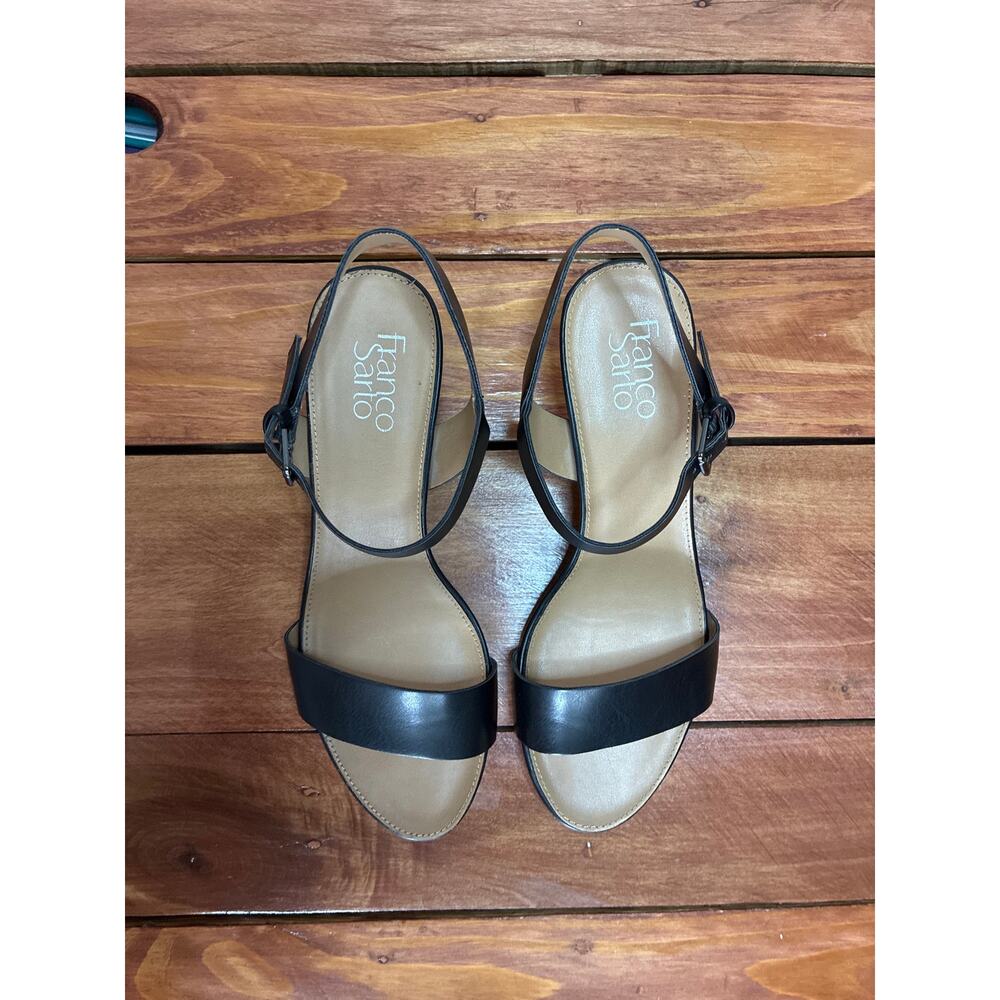Franco Sarto Dulce Black Wedge Sandal 3” Heel Ankle Strap - Women’s Size 8
